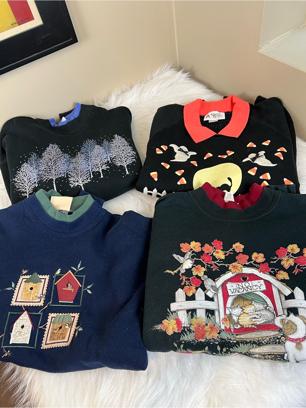 Four vintage  90s grandma sweatshirts Halloween cats fall winter large
